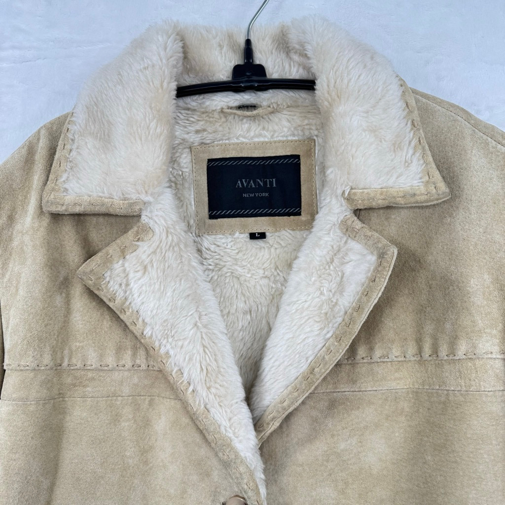 Penny Lane Coat Vintage 90s Y2K Beige Suede Sherpa Lined Button Front Pockets L - Picture 3 of 8